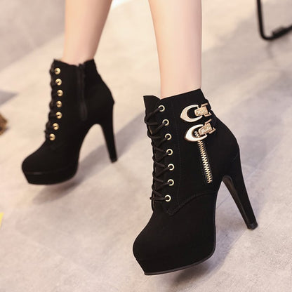 Korean Style Short Tube And Ankle Boots Women Fashion High Heels European And American Popular Lace-up Shoes Women