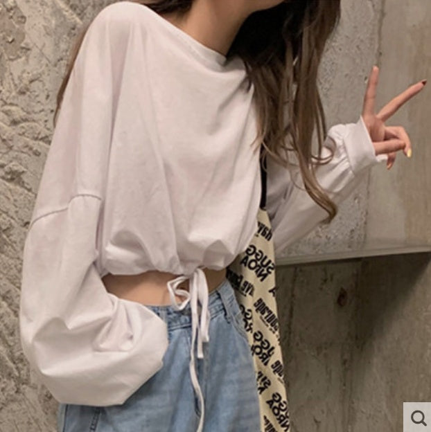 Drawstring cropped high waist crop top