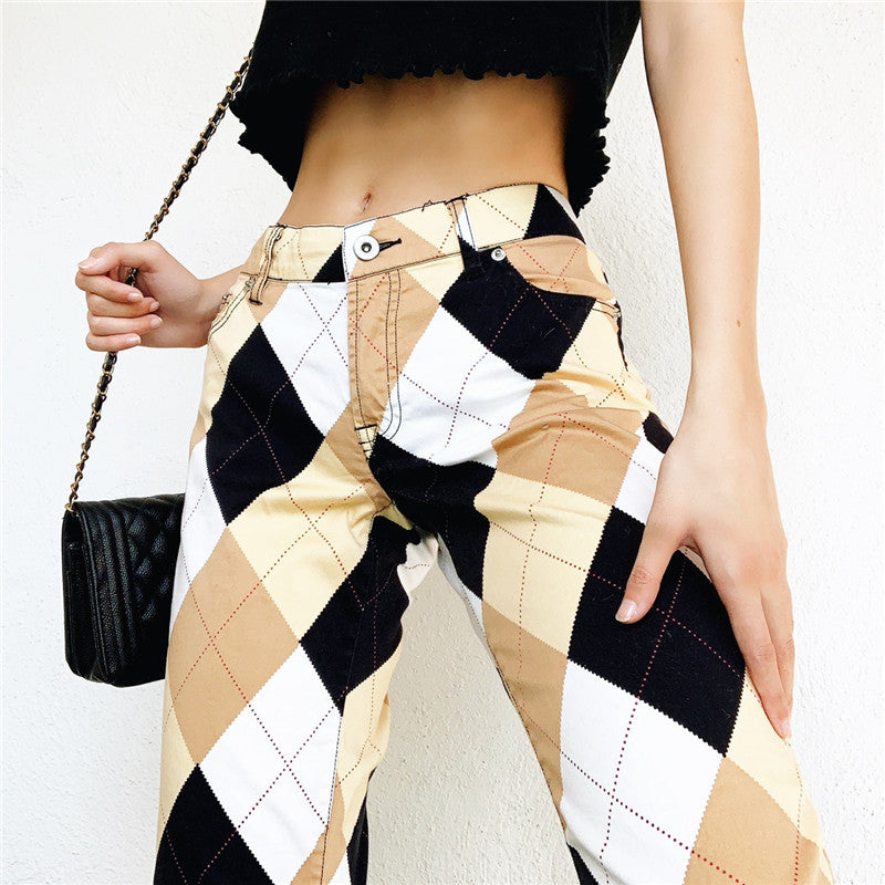 Plaid Multi Color Block Cargo Pants Women Vintage Trousers