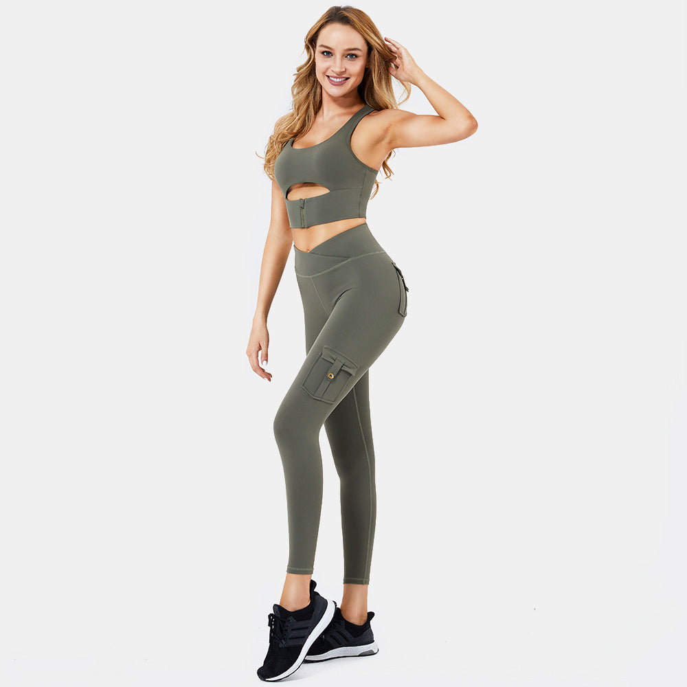 Women Yoga Set Padded Bra With Zipper High Waist Legging Yoga Cargo Pants With Pocket Set