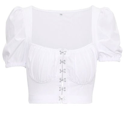 Puff Sleeve Collar Buttoned Crop Top