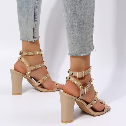 Rivet Sandals Women Buckle Strap Square-toe High Heels Shoes Gladiator