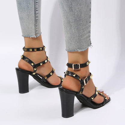 Rivet Sandals Women Buckle Strap Square-toe High Heels Shoes Gladiator