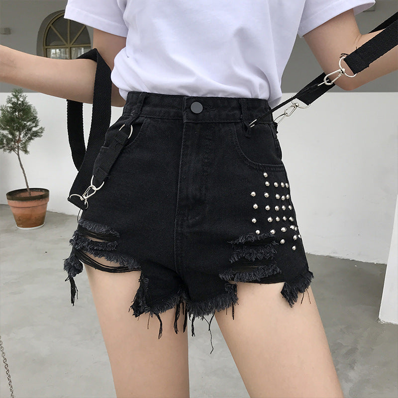 Ripped suspenders jean shorts