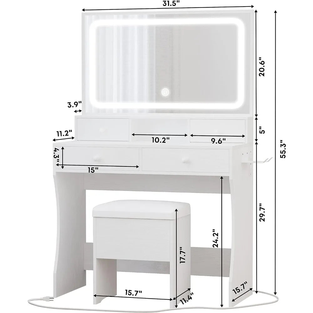 Vanity White Desk with LED Lighted Mirror