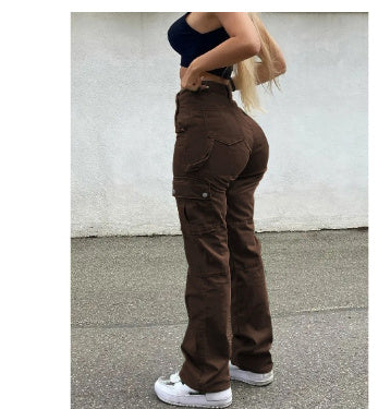 Straight Leg Cargo Pants Women High Waist Casual Baggy Pants